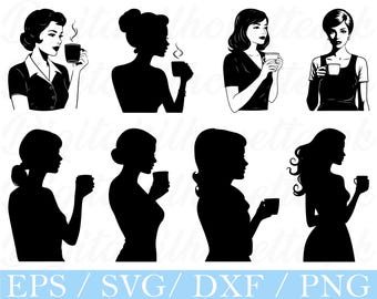 レトロな女の子のコーヒーシルエット: SVG、PNG、DXF ファイル (デジタルダウンロード)
