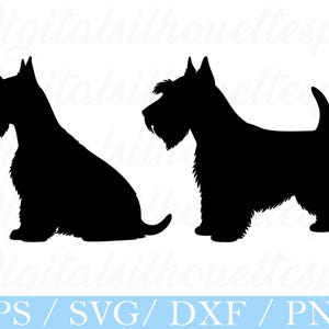 Può includere: Due immagini silhouette nere di un cane Scottish Terrier. Uno è seduto, l'altro in piedi. I cani hanno una barba distintiva e orecchie lunghe e dritte. La parte inferiore dell'immagine ha il testo "EPS / SVG / DXF / PNG".