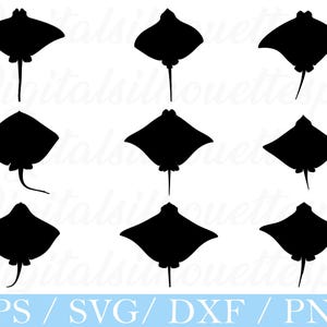 Può includere: Nove sagome nere di razze su sfondo bianco. Le razze hanno un corpo a forma di diamante e una coda lunga e sottile. Il testo "EPS / SVG / DXF / PNG" è visibile nella parte inferiore dell'immagine.