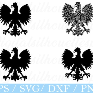 Puede incluir: Cuatro siluetas de águilas negras, dos con plumas detalladas y dos sólidas. Las águilas están en una pose heráldica, con las alas extendidas y las garras desplegadas. La imagen incluye el texto "EPS / SVG / DXF / PNG".