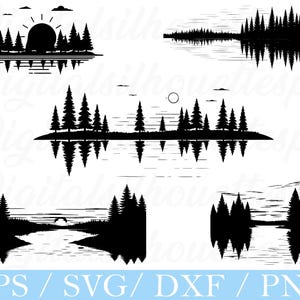 May include: Black and white silhouette designs of various landscape scenes, including forests, lakes, and sunrises. The designs feature detailed reflections in the water, with the text "EPS / SVG / DXF / PNG" at the bottom.