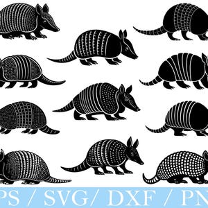 May include: A collection of nine black and white armadillo illustrations in various poses. The armadillos have detailed shell patterns and long tails. The image includes the text "EPS / SVG / DXF / PNG" at the bottom, indicating file formats.