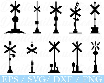 May include: A set of black silhouette images depicting various railway crossing signs. The designs include crossbucks and signal lights, with variations in the base and pole structures. The bottom of the image includes the text "EPS / SVG / DXF / PNG".