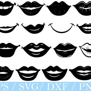 May include: A selection of black lip outlines in different forms and expressions. The image shows a range of open and closed mouths, smiles, and pouts, all in a simple, graphic style. The bottom of the image includes the text "EPS / SVG / DXF / PNG".