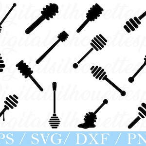 Peut inclure: Plusieurs silhouettes noires de cuillères à miel de différentes formes, certaines avec du miel qui coule. Le texte "EPS / SVG / DXF / PNG" est affiché sur une bannière bleue en bas de l'image.