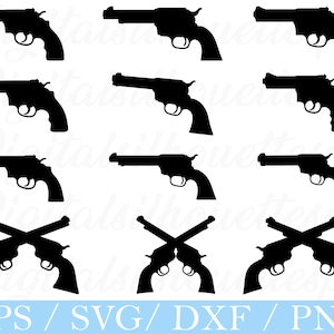 May include: Black silhouette images of revolvers in various orientations. The image includes individual revolvers and crossed revolvers. Text at the bottom reads "EPS / SVG / DXF / PNG".