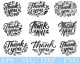 Thank You Typography SVG Bundle: Vector Graphics, PNG, DXF (Digital Download)