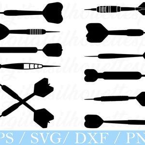 May include: A collection of black dart silhouettes in various designs. The image includes darts with different tip and flight styles, some with detailed barrel patterns. The text at the bottom reads "EPS / SVG / DXF / PNG".