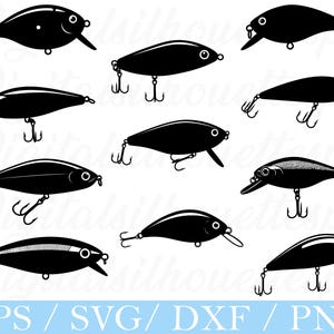 May include: A collection of black fishing lures in various shapes and sizes, each with a hook. The lures have eye details and are designed for catching fish. The image includes the text "EPS / SVG / DXF / PNG".