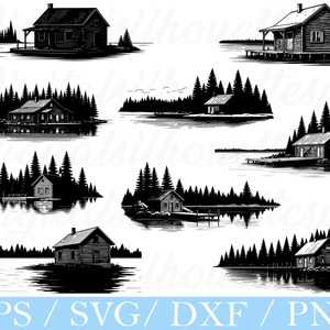 May include: A collection of black and white illustrations depicting cabins and houses surrounded by pine trees and water. The images are in a vintage style, with detailed linework. The bottom of the image includes the text "EPS / SVG / DXF / PNG".