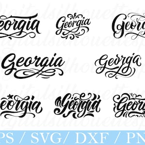 May include: A collection of eight black cursive "Georgia" word designs. Each design features unique flourishes and decorative elements. The bottom of the image displays "EPS / SVG / DXF / PNG" in a light blue color.