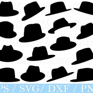 Op de afbeelding: Een verzameling zwarte fedora hoed silhouetten in verschillende hoeken. De hoeden hebben een klassiek ontwerp met een geknepen kroon en een rand. De tekst "EPS / SVG / DXF / PNG" is onderaan te zien.