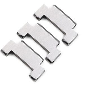 May include: Three silver-colored metal watch links arranged diagonally against a white background. Each link has a rectangular center with a brushed finish and a T-shaped end. The edges are dark gray.