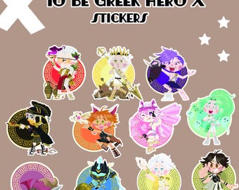 May include: A set of colourful stickers depicting cartoon Greek heroes. Each sticker showcases a unique design with bright colours and details, set against a brown background with the text "TO BE GREEK HERO X STICKERS".