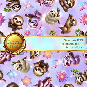 Op de afbeelding: Naadloos PNG-patroon met cartoon luiaards, vlinders en bloemen op een lavendelkleurige achtergrond. De luiaards worden in verschillende poses getoond, sommige hangen aan takken. De afbeelding bevat de tekst "Fairytale Prints" en "Seamless PNG 3600x3600 Pixels Personal Use".