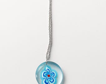 Handcrafted Blue Millefiori Glass Pendant Necklace