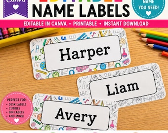 Puede incluir: Tres etiquetas de nombre rectangulares con esquinas redondeadas y un borde de garabatos escolares en blanco y negro. Las etiquetas muestran los nombres Harper, Liam y Avery en texto negro. El diseño incluye el texto EDITABLE NAME LABELS.