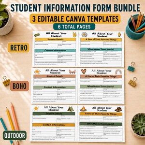 May include: A student information form bundle featuring 6 total pages of editable Canva templates. The forms include sections for student details, contact information, and favorite things, decorated with various icons like suns and flowers.
