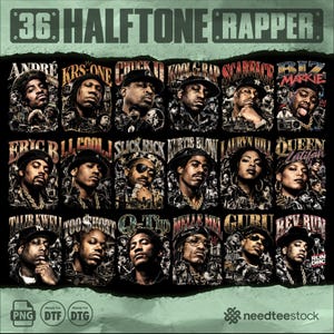 May include: A graphic print featuring 18 individual portraits of hip-hop artists arranged in a grid, labeled 36 HALFTONE RAPPER. The black and white portraits include André 3000, KRS-One, Chuck D, Kool G Rap, Scarface, Biz Markie, Eric B, LL Cool J, Slick Rick, Kurtis Blow, Lauryn Hill, Queen Latifah, Talib Kweli, Too Short, Q-Tip, Melle Mel, Guru, and Rev Run.