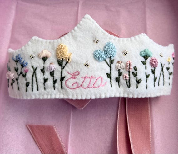 Personalized Embroidered Birthday Crown | Floral felt crown for girls