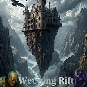 Könnte beinhalten: Digitales Kunstwerk einer Fantasy-Landschaft mit einem Schloss, das über einer Schlucht schwebt. Das Bild zeigt einen Vollmond, fliegende Kreaturen und den Text "Weeping Rift". Die Farbpalette wird von Grau- und Blautönen dominiert.