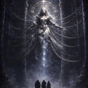 Könnte beinhalten: Digitales Kunstwerk mit dem Titel "Abythera". Eine himmlische Figur mit langen weißen Haaren und einem Gewand hängt an Ketten. Drei Figuren in dunklen Umhängen stehen unten und blicken nach oben. Das Bild hat eine dunkle, gotische Ästhetik.