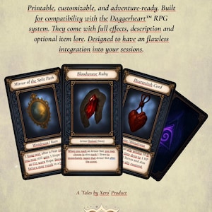 Könnte beinhalten: Bild von drei Fantasy-RPG-Objektkarten: "Mirror of the Split Path", "Bloodweave Ruby" und "Heartstitch Cord". Die Karten sind für das Daggerheart-RPG-System konzipiert und enthalten Objektbeschreibungen und -effekte. Das Bild enthält auch den Text "25 Unique & Fun Items".