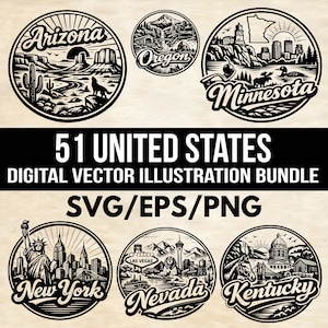 May include: A digital vector illustration bundle featuring circular designs representing various U.S. states. The designs include Arizona, Oregon, Minnesota, New York, Nevada, and Kentucky. The text "51 UNITED STATES DIGITAL VECTOR ILLUSTRATION BUNDLE SVG/EPS/PNG" is also present.