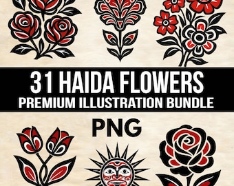 Haida-Inspired Flower Designs | Digital Download Bundle | PNG Clipart for Crafts, Tattoos, Sublimation & More