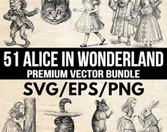 Può includere: Una collezione di illustrazioni in bianco e nero dei personaggi di Alice nel Paese delle Meraviglie. L'immagine include il Cappellaio Matto, lo Stregatto, Alice, il Re e la Regina di Cuori, e il testo "51 Alice in Wonderland Premium Vector Bundle SVG/EPS/PNG."