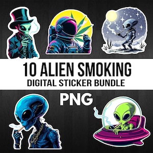 Puede incluir: Un paquete de pegatinas digitales con varios extraterrestres de dibujos animados fumando. Las pegatinas incluyen extraterrestres con traje, un astronauta y en una nave espacial. También se incluye el texto "10 ALIEN SMOKING DIGITAL STICKER BUNDLE PNG".