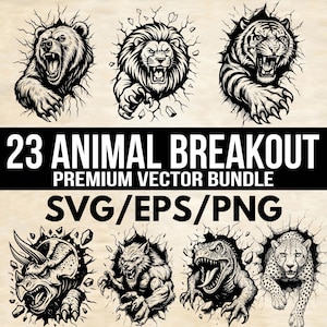 May include: A black and white vector bundle featuring illustrations of various animals breaking through a wall. The text "23 ANIMAL BREAKOUT PREMIUM VECTOR BUNDLE SVG/EPS/PNG" is displayed in a bold font.