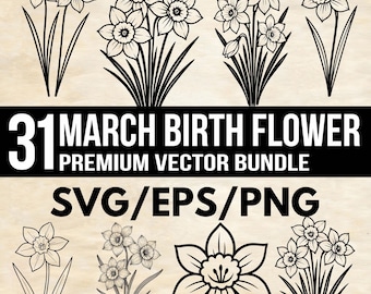 Pacchetto SVG di fiori di narciso per la nascita di marzo, clipart di piante, file PNG EPS per Cricut e Silhouette Tattoo
