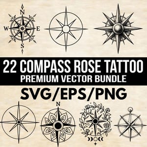Może przedstawiać: Kolekcja czarno-białych wzorów róż wiatrów. Obraz zawiera różne ilustracje róż wiatrów z tekstem "22 COMPASS ROSE TATTOO PREMIUM VECTOR BUNDLE SVG/EPS/PNG" na czarnym banerze.