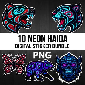 Può includere: Un pacchetto di adesivi digitali con dieci disegni Haida al neon. Gli adesivi includono un orso, una tigre, una farfalla e un teschio, tutti con schemi di colori blu, rosso e nero vibranti. È visibile anche il testo "10 NEON HAIDA DIGITAL STICKER BUNDLE" e "PNG".