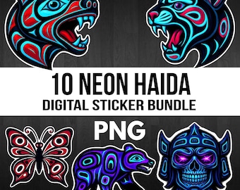 Neon Haida-Inspired PNG Sticker Illustration Bundle - Pacific Northwest Coastal Digital Download Bundle Bear Eagle Totem Canadiana