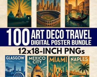 May include: A collection of Art Deco travel posters featuring iconic cities like Paris, Chicago, and Venice. The bundle includes 100 digital posters, each 12x18 inches, showcasing vintage-style illustrations of famous landmarks and cityscapes.