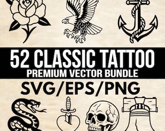 Lot d'illustrations flash de tatouage classique - 52 dessins numériques traditionnels américains, art de tatouage vintage pour le bricolage, la Cricut, les produits dérivés, etc.