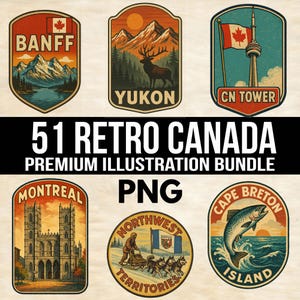 Puede incluir: Una colección de seis ilustraciones de estilo retro con lugares y regiones canadienses. Los diseños incluyen imágenes de Banff, Yukón, CN Tower, Montreal, Territorios del Noroeste e Isla de Cabo Bretón. También está presente el texto "51 Retro Canada Premium Illustration Bundle PNG".