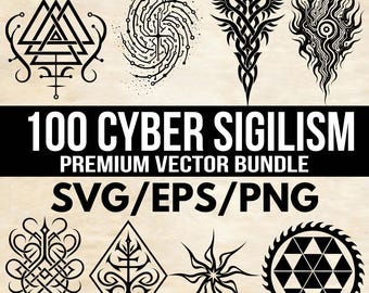 May include: A collection of nine black vector illustrations of sigils and symbols, including geometric shapes and abstract designs. The text "100 CYBER SIGILISM PREMIUM VECTOR BUNDLE SVG/EPS/PNG" is displayed in a bold, white font.
