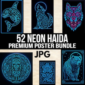 Puede incluir: Una colección de impresiones artísticas de neón con una ballena, un lobo, un oso, un tótem, una flor y una cabeza de lobo. Las impresiones son en tonos azules y rosas sobre un fondo negro. El texto dice "52 NEON HAIDA PREMIUM POSTER BUNDLE JPG".