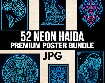Neon Haida-Inspired JPG Illustration Bundle - Pacific Northwest Coastal Digital Download Bundle Bear Eagle Raven Totem Canadiana