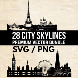 28 City Skyline Vector Illustration Bundle - SVG PNG World Cities Destinations Silhouettes