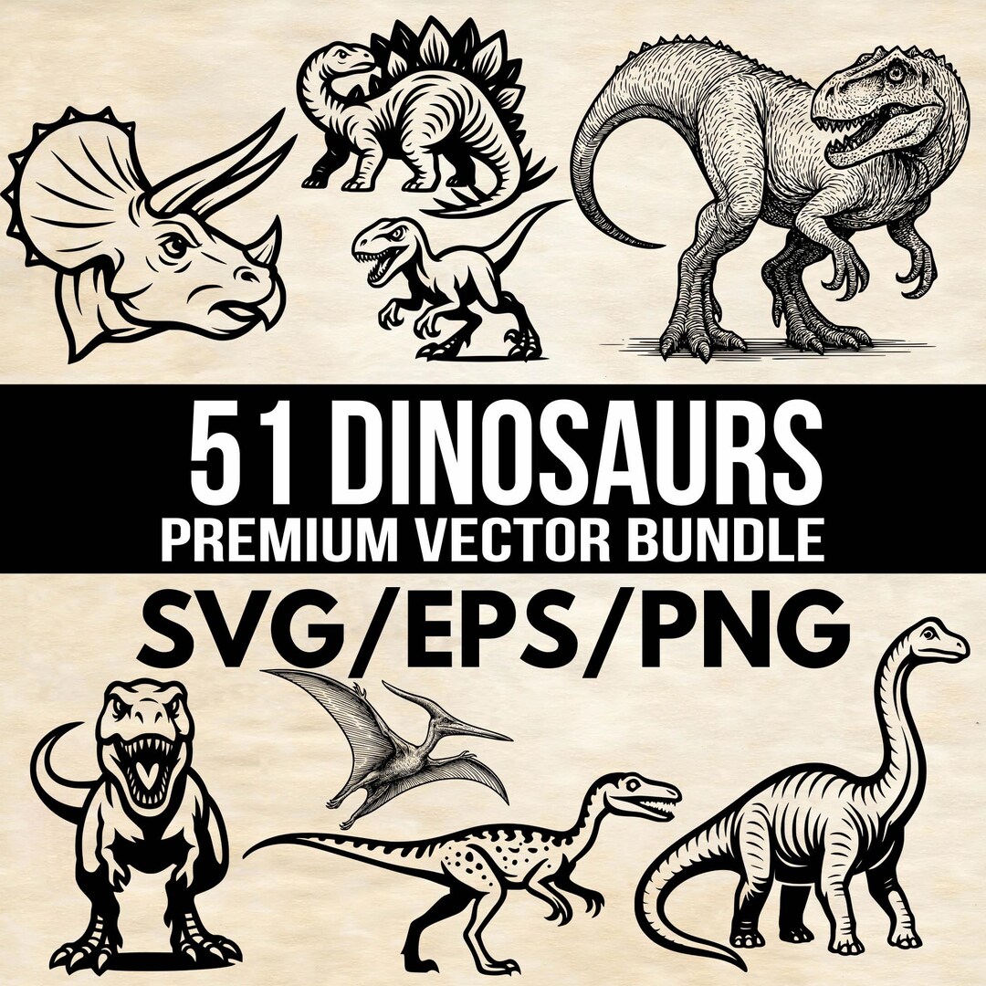 Dinosaurs SVG EPS & PNG Bundle | Black and White Jurassic Clipart ...