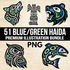 Haida-Inspired Bear Blue & Green Color PNG Illustration Bundle - Pacific Northwest Coastal Digital Download Bundle Bear Eagle Totem