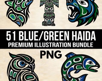 Haida-Inspired Bear Blue & Green Color PNG Illustration Bundle - Pacific Northwest Coastal Digital Download Bundle Bear Eagle Totem
