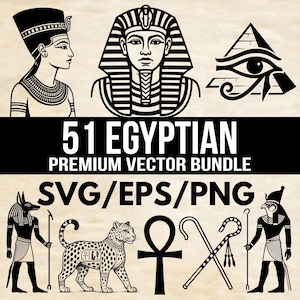 May include: A collection of black and white Egyptian-themed vector graphics. The image includes illustrations of pharaohs, ankhs, pyramids, and other iconic symbols. Text reads "51 EGYPTIAN PREMIUM VECTOR BUNDLE SVG/EPS/PNG".