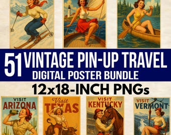 Vintage Pin-Up Girls & 50 U.S. States Digital Download Bundle | Retro Travel Poster Art | Printable Vintage Illustration Set