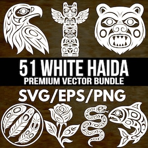 May include: A collection of 51 white Haida premium vector designs, including an eagle, bear, totem pole, feathers, rose, snake, and fish. The designs are available in SVG, EPS, and PNG formats.
