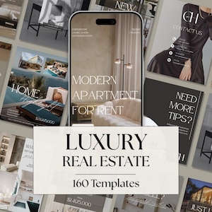Könnte beinhalten: Eine Sammlung von Marketingvorlagen für Immobilien. Das zentrale Bild zeigt einen Telefonbildschirm mit dem Text „MODERN APARTMENT FOR RENT“. Umgebende Bilder zeigen Innen- und Außenbereiche von Immobilien. Der Text „LUXURY REAL ESTATE“ und „160 Templates“ sind ebenfalls sichtbar.